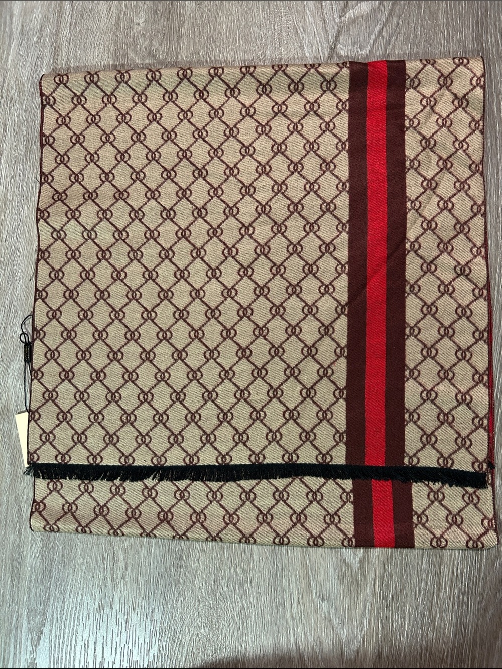 Beige and Burgundy Patterned Women's Scarf with Red Accent